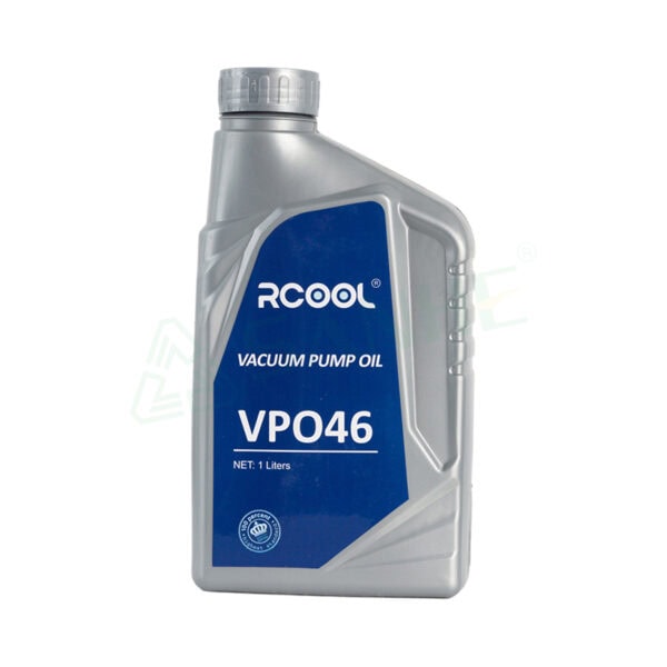 RCOOL VPO46 vacuum pump oil in a 1-liter bottle, suitable for HVAC vacuum pumps and disinfection applications.